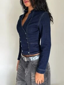 Jeanoix Y2K Women's Outdoor All-Season Napoleon Style Fashion Versatile Stand Collar Button Decor Blue Denim Jacket - Dark Wash - View 7