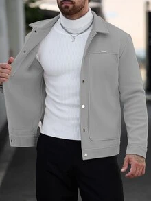Manfinity CasualCool 男士素色休閒長袖外套，秋冬款男士奶油色鈕扣大衣 - 淺灰色 - 查看 5