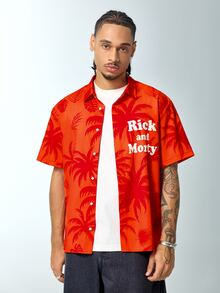 Rick and Morty X SHEIN Áo sơ mi nam ngắn tay họa tiết cây cọ phong cách du lịch - trái cam - Xem 4