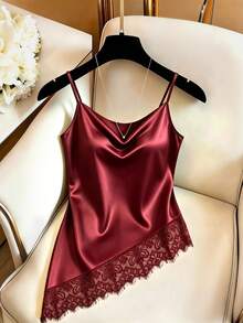 SHEIN Women's Elegant Lace Casual Satin Black Camisole Top, Black Elegant Cami Top, Commuter, Social - Burgundy - View 5