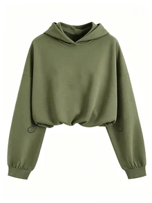 QUELARIE 女款休閒時尚寬鬆抽繩收腰連帽衛衣 - 軍綠色 - 查看 3