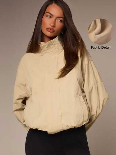 Athîral Women's Loose Khaki Jacket,Brushed Finish,Funnel Neck,Hidden Zip,Elastic Hem,Solid,Autumn,Minimalist Streetwear,Daily Travel,Women Transitional Jacket