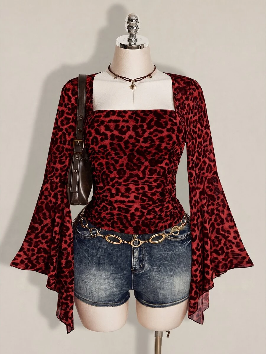 SHEIN ICON 女款大尺碼復古性感千禧風 Y2K 都市現代前衛方領喇叭袖荷葉邊長袖棕色豹紋網紗上衣 秋季 - 酒紅色 - 查看 1