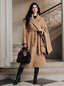Anewsta Women's Long Handmade Double-Sided Wool Coat With Scarf - Camel - View 3