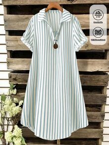 SHEIN Tall CURVE 大尺碼女款法式休閒夏季短袖V領長版洋裝 - 天藍色 - 查看 5