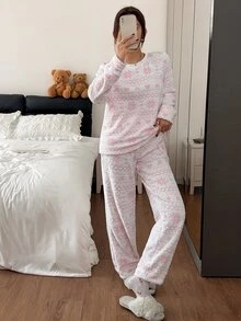 Napfluff Women's Plush Fair Isle Snowflake Bow Cute Pullover Long Sleeve Pants Pajama Set - Pink - View 6
