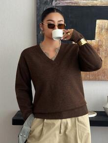 Dazy Plus V-Neck Contrast Lace Design Loose Fit Brown Vintage Sweater, New Autumn/Winter - Brown - View 4