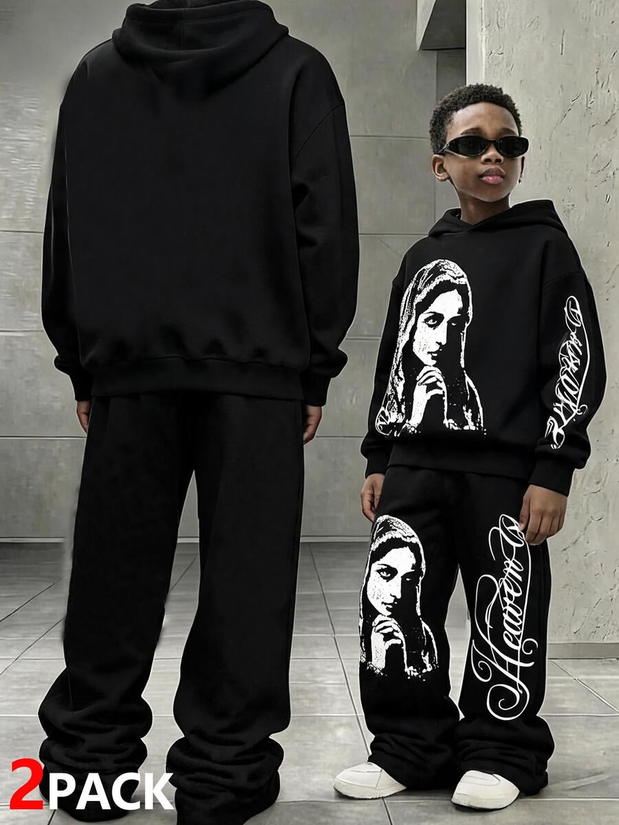 SHEIN Teen Boy Letter & Character Graphic Hoodie And Sweatpants Casual Daily Set - Black - View 1
