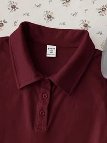 青少年女孩白色純色休閒極簡半拉鍊 Polo 領修身短袖 T 恤 - 紅色 - 查看 3