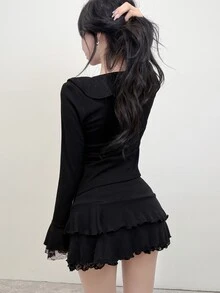 FRIFUL Women's Solid Color Pleated Casual Versatile Daily Long Sleeve T-Shirt - Black - View 6