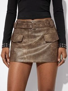 Aveloria GENKIRA Fall Coffee Brown Distressed Washed PU Leather Belt Decor Metal Buckle Elegant Grunge Design Low Waist Classic A-Line Mini Skirt Women's Skirt - Multicolor - View 7
