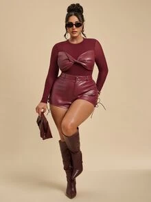 SHEIN BAE CURVE بودي سوت نسائي مقاس كبير من جلد PU وشبك بتصميم مرقع وأكمام طويلة - عنابي اللون - مشاهدة 3