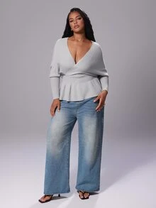 Rustia Plus Size Ribbed Waist Fashion Pullover Sweater - Light Grey - View 6