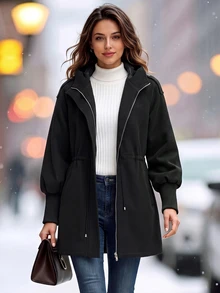 SHEIN Clasi Women's Solid Color Casual Versatile Daily Wear Overcoat - Black - View 6