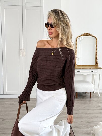Easowa Asymmetrischer Schulter Pullover mit Zopfmuster-Textur, lässiger entspannter eleganter Pendler Old Money Stil Damen Strickoberteil, Herbst/Winter