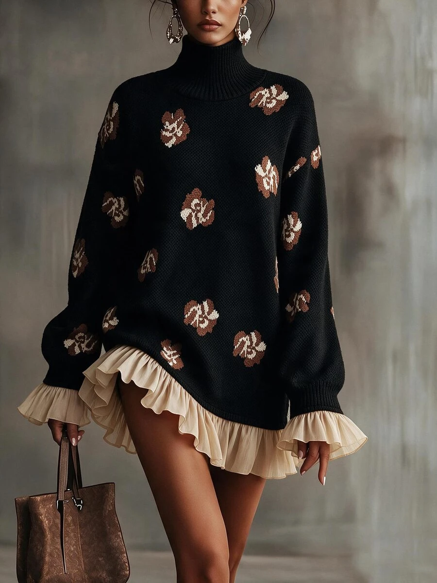 Omancia Elegant High Neck Ruffle Design Long Sleeve Women's Sweater - Black - View 1