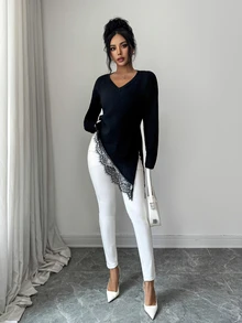 Elenzga Women's Solid Color V-Neck Asymmetrical Lace Patchwork Knit Loose Slimming Slanted Hem Mid-Length Gentle Slouchy Sweater - Black - View 6