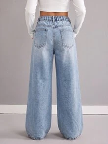 SHEIN 兒童青少年女孩棕色牛仔寬鬆寬腿褲 Y2K 秋冬休閒返校穿搭 萬聖節新年棕色長褲 - 淺色水洗藍 - 查看 3