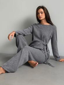 Livesso Women's Solid Color Long Sleeve Top And Pants Casual Daily Loungewear Set - Grey - View 13