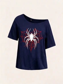 Teen Girls Casual Minimalist Spider Pattern Asymmetrical Shoulder Short Sleeve Top, Suitable For All Seasons - White - View 3
