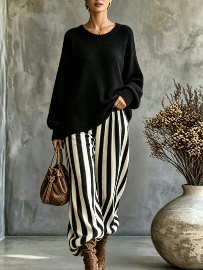 SHEIN Black Top With Black And White Vertical Striped Wide Leg Pants, Fashionable Minimalist Elegant Casual Commute Holiday Party Outfit, Spring Autumn Winter Women's Long Sleeve Round Neck Pullover Sweater And Pants 2 Pieces Set