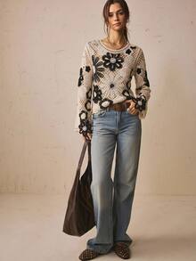 Freevana Women's Floral Pattern Casual Everyday Long Sleeve Sweater - Black and White - View 3