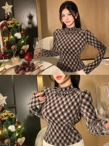 DAZY Women's Plaid Stand Collar Long Sleeve Patchwork Ruffle Fashion Blouse - Brown - View 9