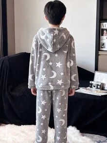 青少年男孩秋冬月亮圖案連帽長袖上衣與睡褲 柔軟舒適親膚抓絨睡衣套裝 2件組 - 淺藍色 - 查看 2