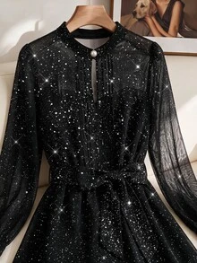 SHEIN Clasi 大尺碼精緻亮片鈕扣長袖襯衫 - 黑色 - 查看 3