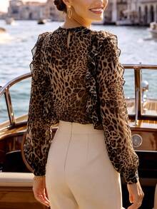 EMERY ROSE Plus Size Women's Autumn Round Neck Sheer Leopard Print Frill Trim Long Sleeve Casual Versatile Commute Date Outfit Blouse Simple Elegant Shirt - Multicolor - View 2