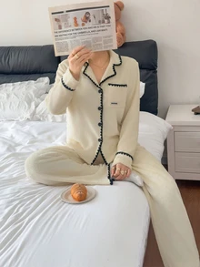 Lazeform Women's Casual Plush Trim Pajama Set - Apricot - View 3
