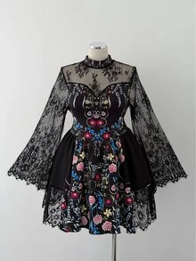 Sunspun Plus Size Floral Lace Long Sleeve Vintage Print Sheer A-Line Dress - Black - View 6