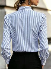 RosyDaze Women's Striped Pleated Casual Daily Wear Blouse - Blue and White - View 2