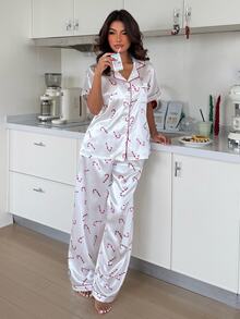 ZzzCrew Christmas Candy Cane Print Faux Silk Pajama Set, Exquisite Lapel Home Leisure 2 Pieces Set - Red and White - View 5