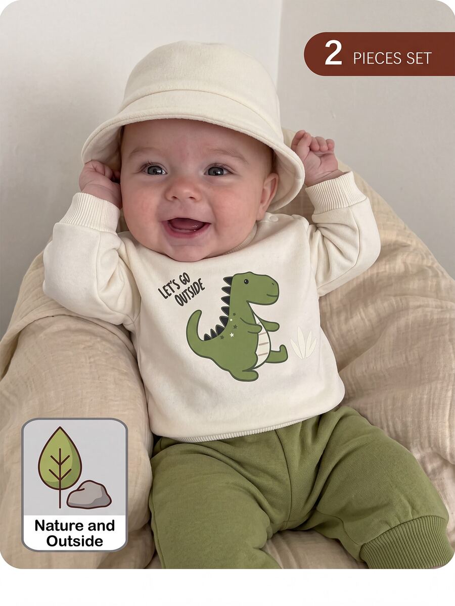 SHEIN Newborn Cute Knitted Cartoon Dinosaur Pattern Sweatshirt & Pants 2-Piece Set - Green - View 1