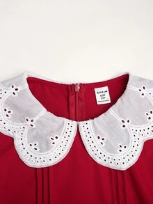 SHEIN Tween女孩秋冬紅色長袖3D蝴蝶結裝飾翻領洋裝，復古學院風精緻3D蝴蝶結裝飾翻領洋裝 - 酒紅色 - 查看 7