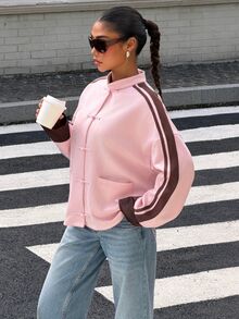 Muchica Women's New Autumn/Winter Pink Suede Velvet Button Decor Patchwork Ribbon New Chinese Style Jacket For Going Out, Streetwear, Y2K,Fall Clothes - Pink - View 5