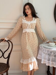DAZY Women's Sweet Floral Lace Patchwork Nightgown - Apricot - View 3