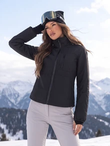 SHEIN BASICS جاكيت نسائي بلون موحد بسحاب كاجوال متعدد الاستخدامات للخارج مقاوم للرياح - الأسود - مشاهدة 4