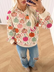 SHEIN EZwear 女款萬聖節南瓜圖案長袖圓領套頭運動衫，秋冬日用休閒可愛米色 - 彩色 - 查看 4