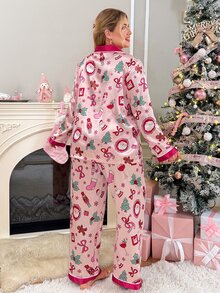 Slumberry CURVE Plus Size Women's All-Over Print Long Sleeve Top And Pants Casual Daily Home Sleepwear Set - Pink - View 2