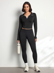 Easithlete Women's Half-Zip Long Sleeve Sports Polo Shirt - Black - View 5