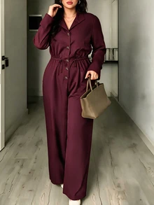 Elenzga Plus Size Chic Commuter Jumpsuit, Lapel Collar Button Down Drawstring Waist Loose Wide Leg Jumpsuit - Burgundy - View 1