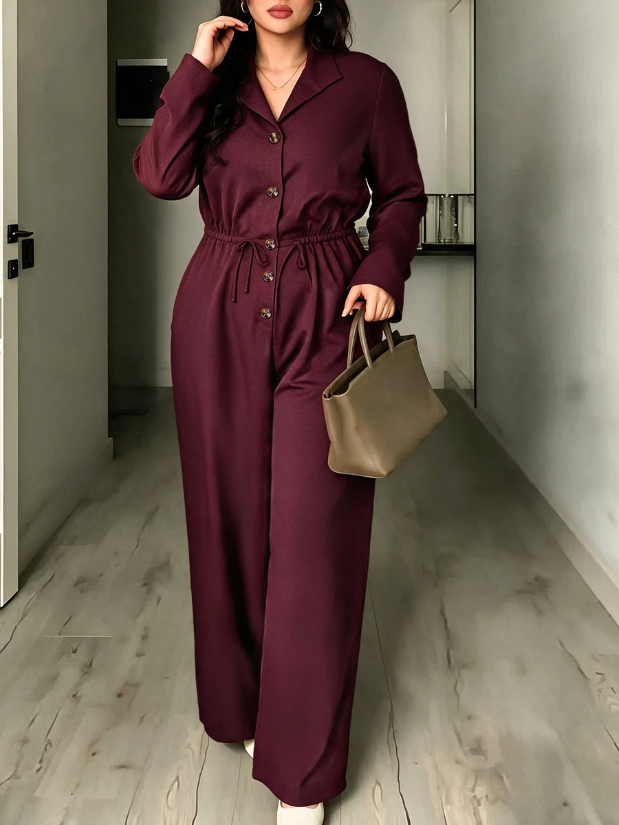 Elenzga Plus Size Chic Commuter Jumpsuit, Lapel Collar Button Down Drawstring Waist Loose Wide Leg Jumpsuit - Burgundy - View 1