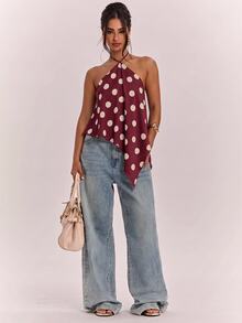SHEIN BAE Women's Polka Dot Asymmetric Hem Fashion Halter Tank Top - Burgundy - View 7