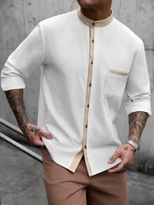 Manfinity CasualCool 男士拼色休閒百搭日常穿著長袖襯衫 - 白色 - 查看 4