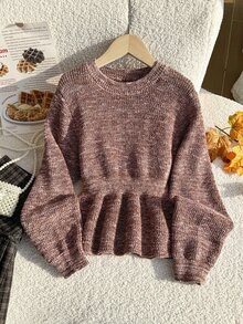 SHEIN 女童棕色針織長袖毛衣，秋冬服飾，韓風新款優雅百搭修身收腰荷葉邊短版毛衣，時尚公主風，適合校園、派對、日常穿著、感恩節 - 棕色 - 查看 6