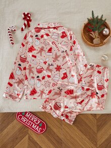 Dream Adore Soft Pink Gingerbread Man & Reindeer Christmas Pattern Satin Long Sleeve Top & Pants Set - Red - View 2