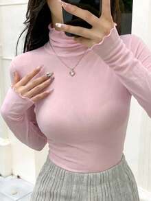 DAZY 女款純色高領長袖荷葉邊修身T恤 - 粉色 - 查看 2