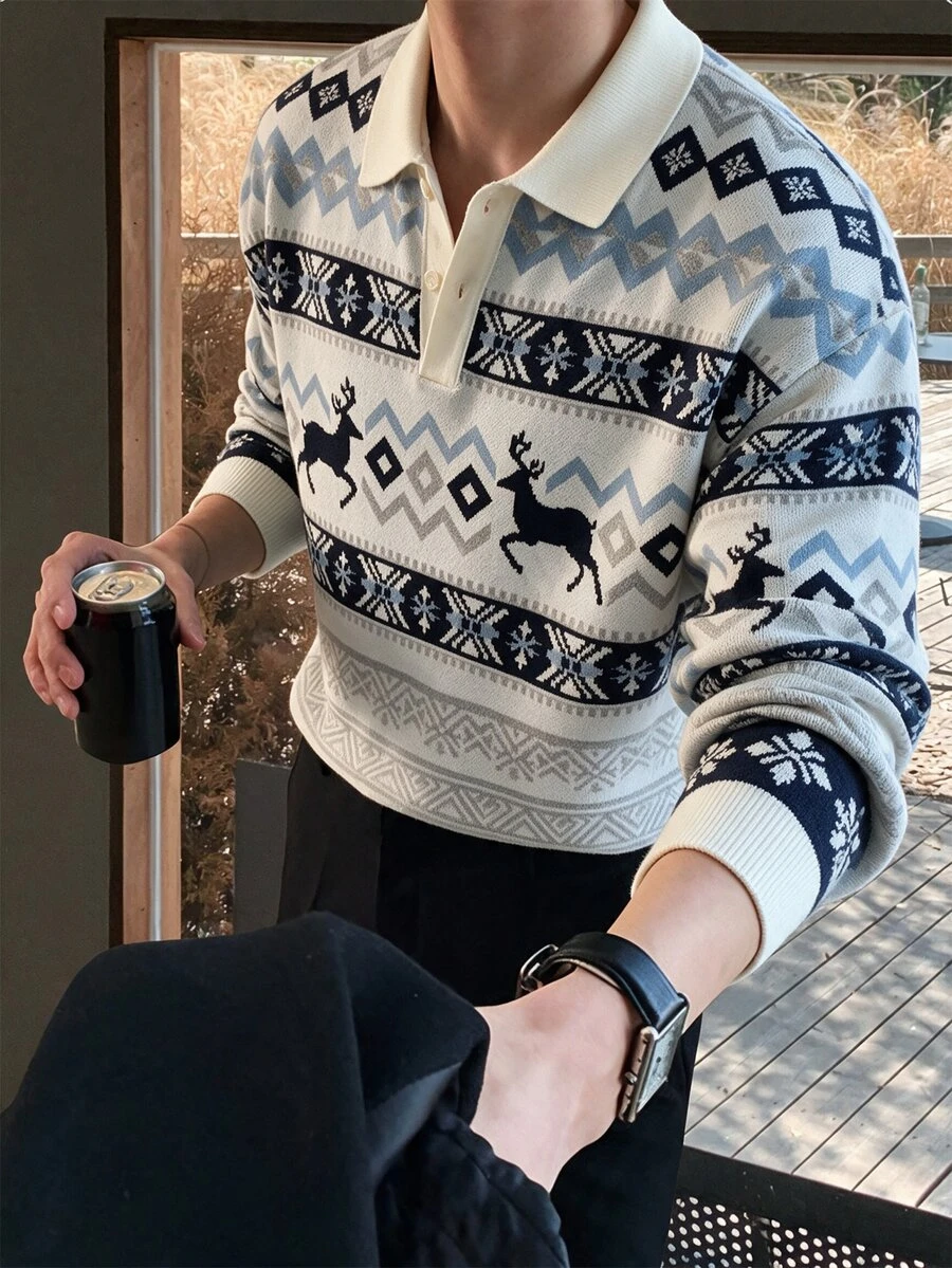Claim Dot 男士鹿紋幾何圖案長袖休閒 Polo 領毛衣 - 彩色 - 查看 1